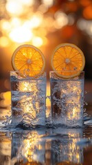 Two glasses of ice water with orange slices