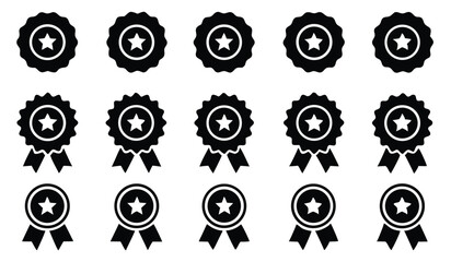 Set of Black and White Award Badges with Star, Vector Icons, On White Background
