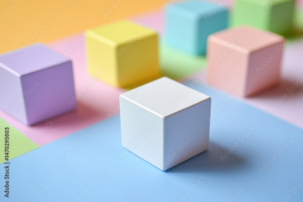 Poster a close-up shot features a white cube prominently placed with several colorful cubes arranged in the