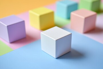 Obraz premium A close-up shot features a white cube prominently placed with several colorful cubes arranged in the background against a multi-colored pastel backdrop, with soft lighting.