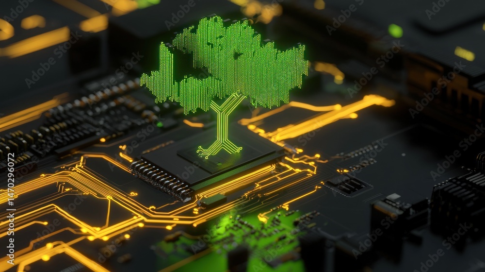 Poster A digital circuit board features a tree made from data bits