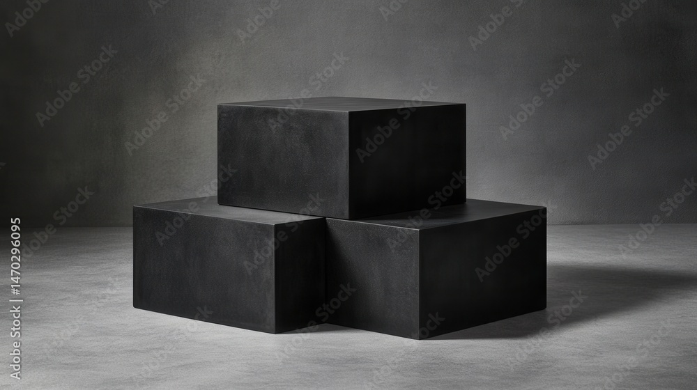 Poster three stacked textured black cubes creating a geometric display against a neutral gray wall creating