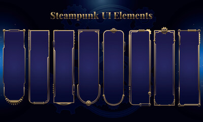Set of Steampunk Fantasy Banner Backgrounds for user interface, poster, video. Fantasy mechanic HUD. Template for rpg game interface. Vector Illustration EPS10