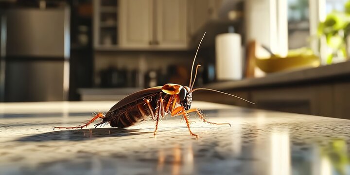Cockroach on kitchen countertop with blurred cabinets and appliances.