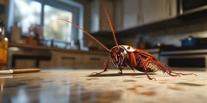 Cockroach on kitchen countertop with blurred cabinets and appliances.