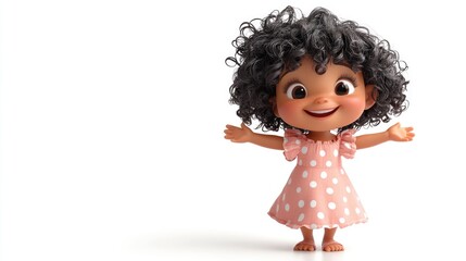 A joyful cartoon character wearing a pink polka-dot dress on a white background. Whimsical and cute design for children's media.