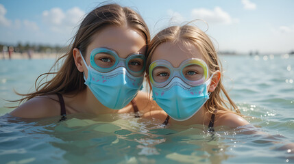 : Happy family mother and chid daughter in masks for swimming on the beach in summer