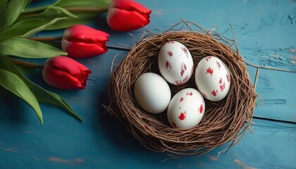 A nest with colorful Easter-eggs placed on a blue wooden surface, accompanied by a bunch of white tulips beside it.