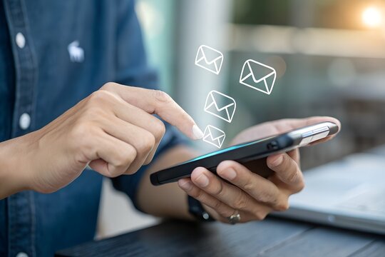 Email campaign alert concept. New email send notification for business e-mail communication. Digital marketing, internet technology. Inbox receives electronic message invite. Man touch on newsletter.