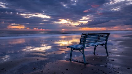Solitude at Sunset A Serene Beach Bench Reflecting Golden Hour Hues on the Tranquil Ocean.  Peaceful Coastal Scene, Calm Waters, Dramatic Sky, Peaceful Evening, Romantic Seascape