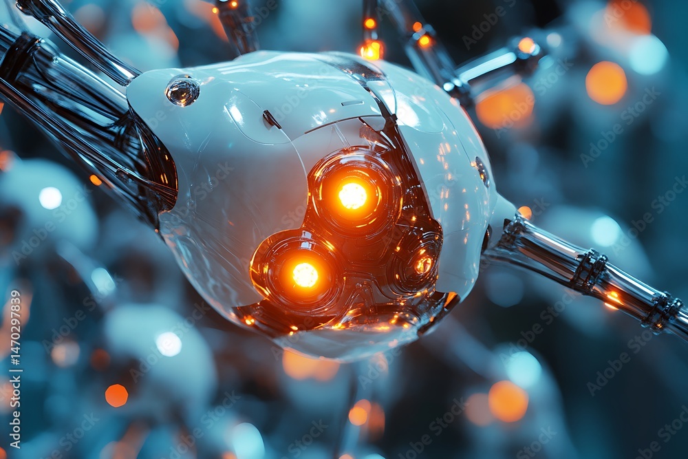 Poster quantum-linked robotic neural core interface with glowing synapse hubs