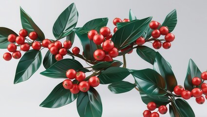 viburnum. Shiny red berries of butcher's broom and dark green leaves in close-up. A decorative plant with rich colors.