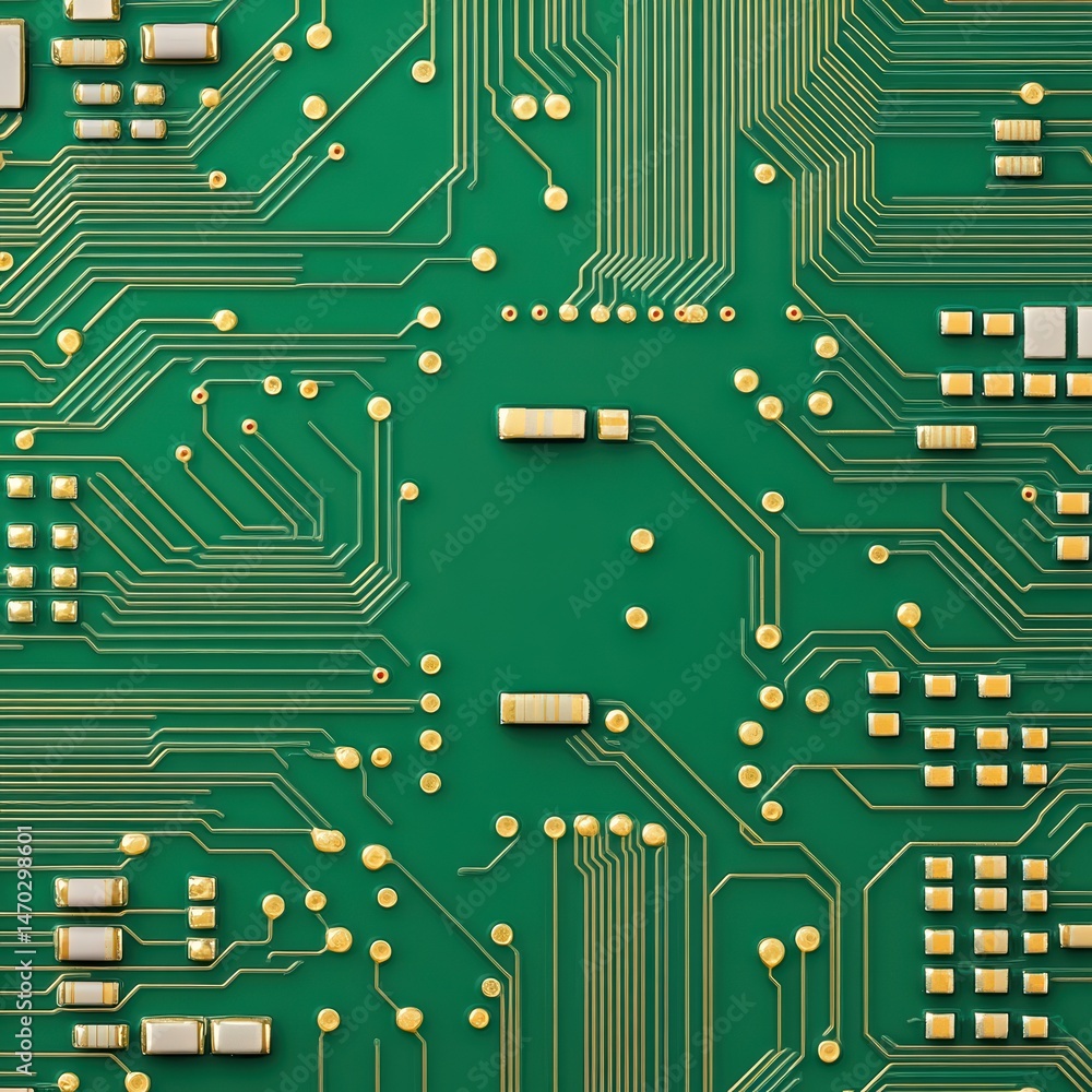 Poster close-up view of electronic circuit board with gold elements and green background for technology and