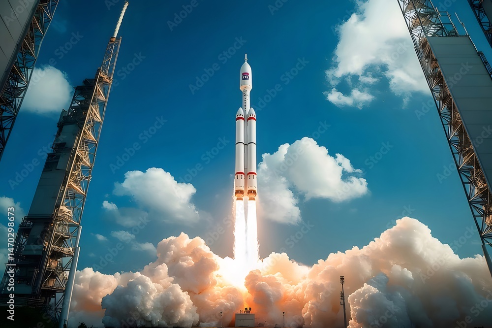 Poster 青空を背景に発射される白いロケット 白い雲と太陽光の垂直打ち上げ 宇宙探査と最先端技術を示す印象的な発射シーン