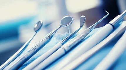 Close up view of dental tools on sterilized surface in clinical setting