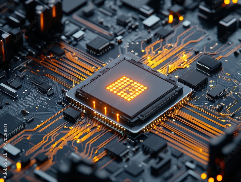 Poster close-up of electronic circuit board with glowing chip and complex patterns of copper traces and com