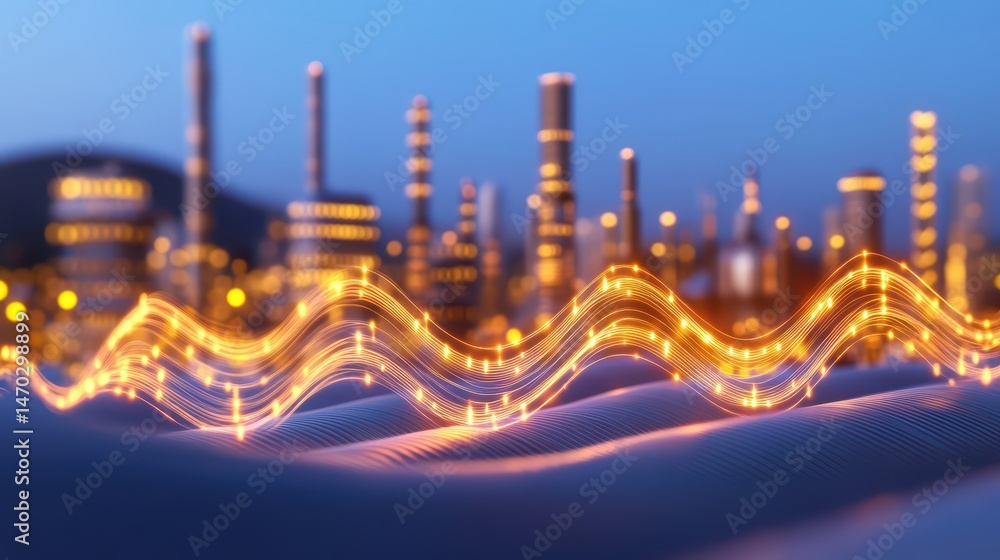Poster abstract waveform visual representation over industrial landscape with soft focus background and war