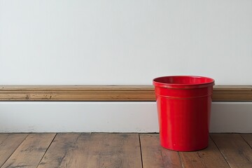 Red trash can on a wooden floor against a white wall