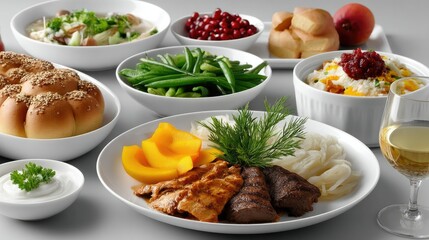 Gourmet Food Arrangement: An inviting array of culinary delights, showcasing a spectrum of flavors and textures, including succulent grilled meats, fresh vegetables, and expertly crafted sides.