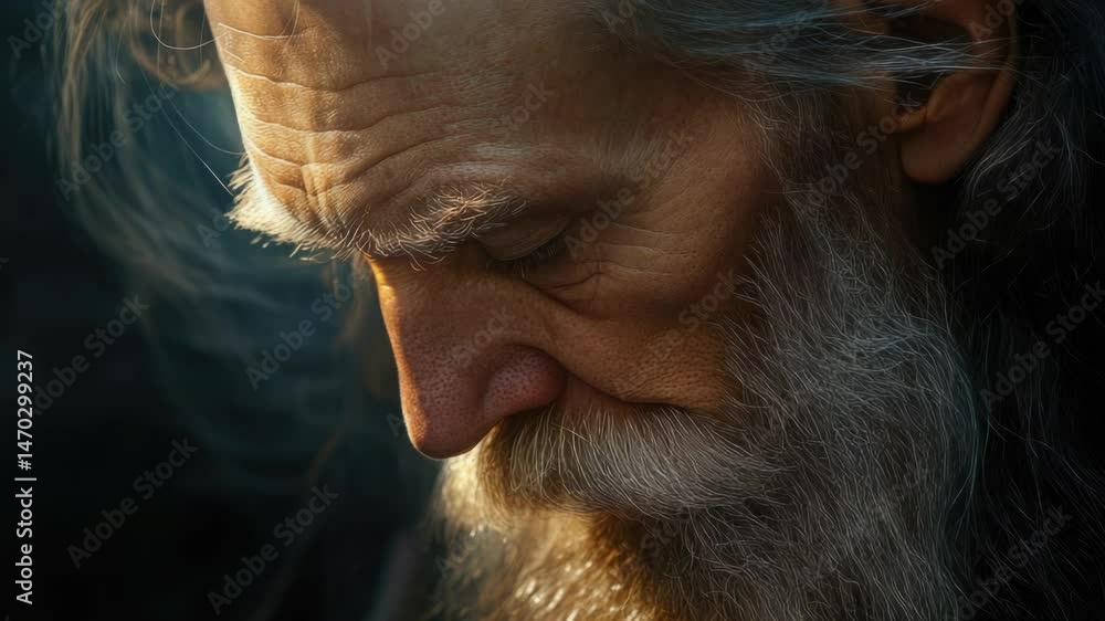 Poster a close-up portrait of a man with a long, flowing beard