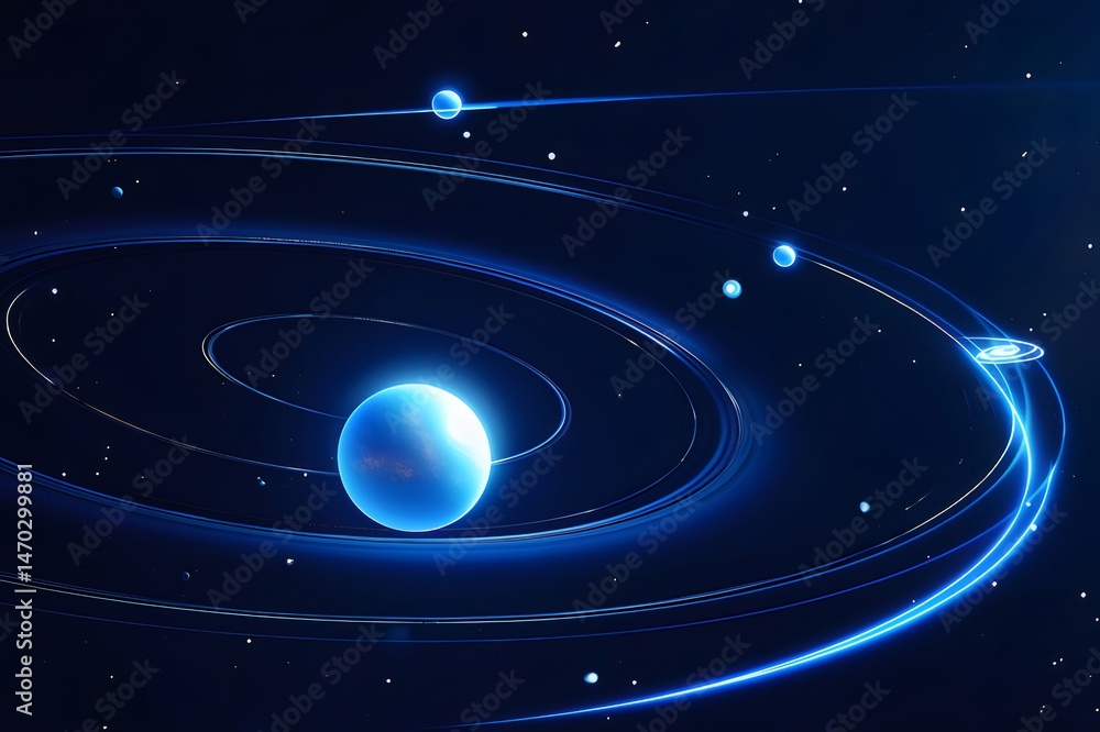Aufkleber 青色の惑星と軌道が輝く宇宙の抽象的な背景 未来的な技術デザインとデジタルアート