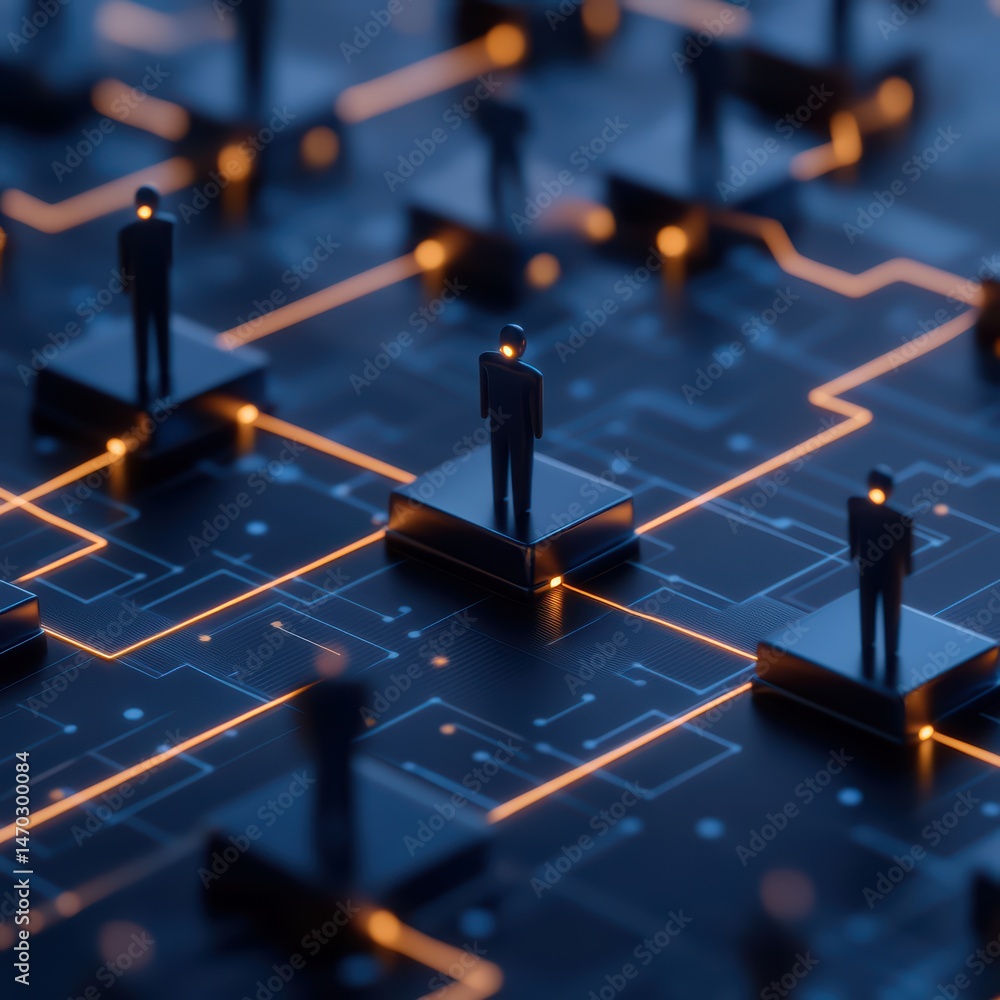 Aufkleber unique digital network representation with human figures on a futuristic circuit background