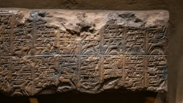 Ancient cuneiform inscription on stone tablet featuring detailed carvings of animals and symbolic script, showcasing ancient civilizations and historical artifacts