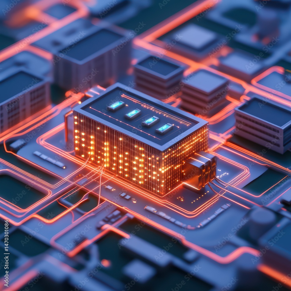 Poster futuristic data center with circuit board design and neon light effects representing advanced techno