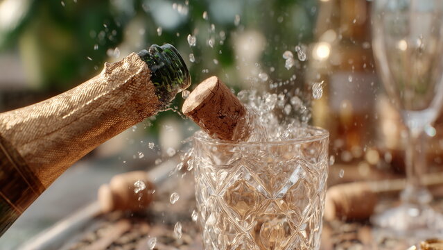 Close-up of a champagne bottle being opened with a pop, cork flying off and bubbles overflowing, luxurious setting with crystal glassware.