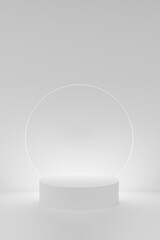 3D realistic podium background - one white cylindrical podium on light grey, white. luminous shining glass disk, mockup, 3d rendering. Minimalist stage for placement product, presentation pedestal.