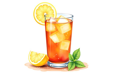 Fototapeta premium colorful watercolor illustration showcases refreshing summer drink featuring iced tea cocktail lemon slice sprig fresh