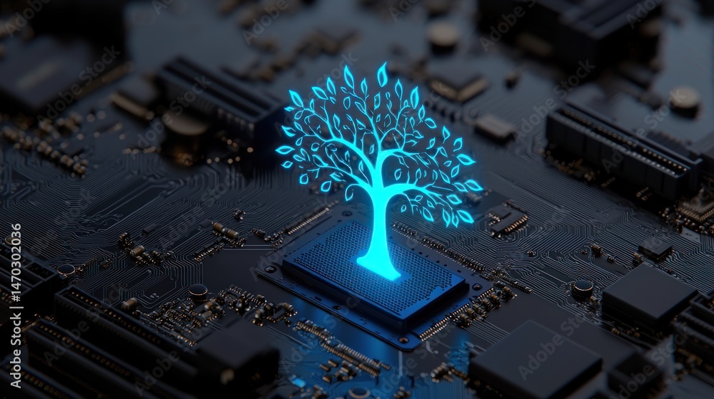 Poster Glowing Tree Design Depicted On A Modern Computer Circuit Board