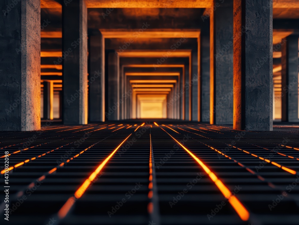 Poster abstract perspective of an industrial space with illuminated grid pattern and concrete supports