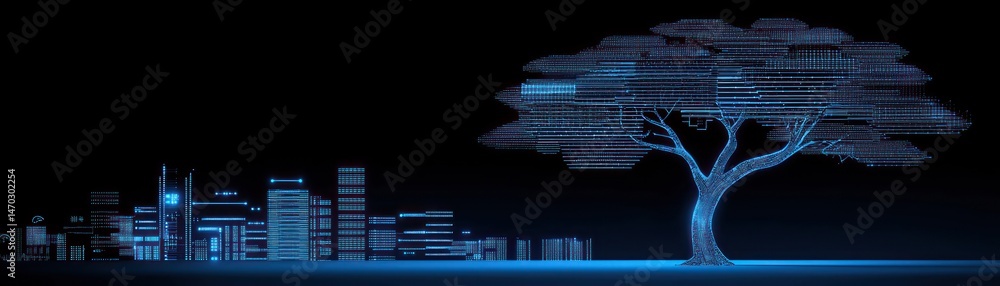 Poster abstract digital rendering depicts a tree and cityscape at night