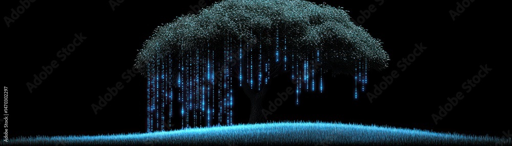 Poster a glowing tree with shimmering lights against a dark background