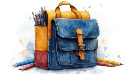 Watercolor Painting of Colorful Backpack with Pencils and Art Supplies