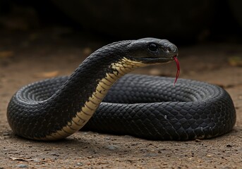 Obraz premium A black snake coiled on the ground with its tongue out