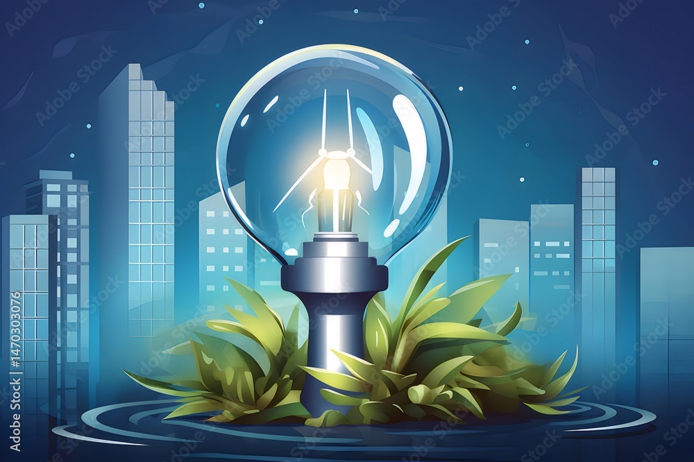 Aufkleber 電球のクリーンエネルギーと都市景観のイラスト 夜の空に風力タービンと緑の植物と反射