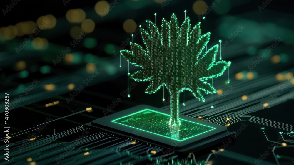 Poster a digital tree shaped like a leaf on a circuit board is shown