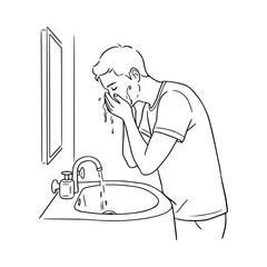 A man is washing his face in the bathroom sink.