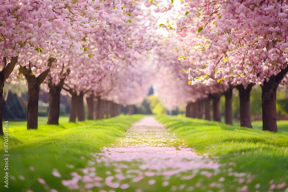 Aufkleber ピンク色の桜並木が続く遊歩道 緑豊かな公園の風景 美しい花びらが散る春の景色 自然光が差し込む穏やかな雰囲気