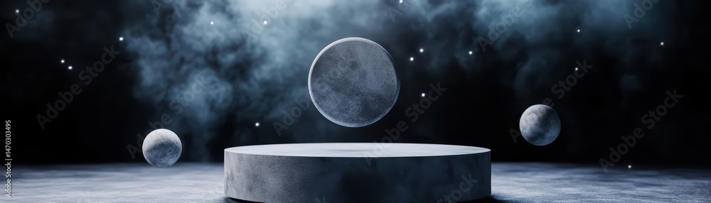 Poster abstract floating spheres in a dark mysterious atmosphere with fog and stars surrounding a circular 