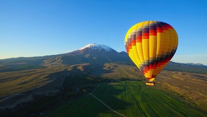 Obraz premium Yellow Hot Air Balloon Soaring Over Autumnal Mountain Landscape at Sunrise