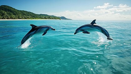 Obraz premium Two dolphins leaping from clear blue ocean near tropical island with palm trees, sandy beach, and cloudy sky.