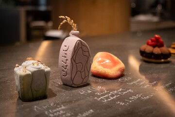 Hallelujah japanese rice cakes displayed on a table with rice sprig