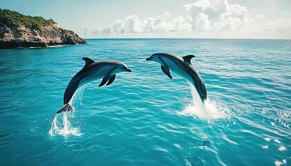 Fototapeta premium Two dolphins leaping from clear blue ocean near tropical island with palm trees, sandy beach, and cloudy sky.