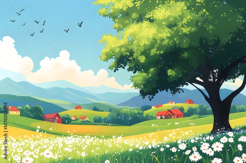 Poster 緑豊かな谷の丘と白い花の咲く風景のピクセル アート夏の日差しと青い空の下の赤い屋根の家々