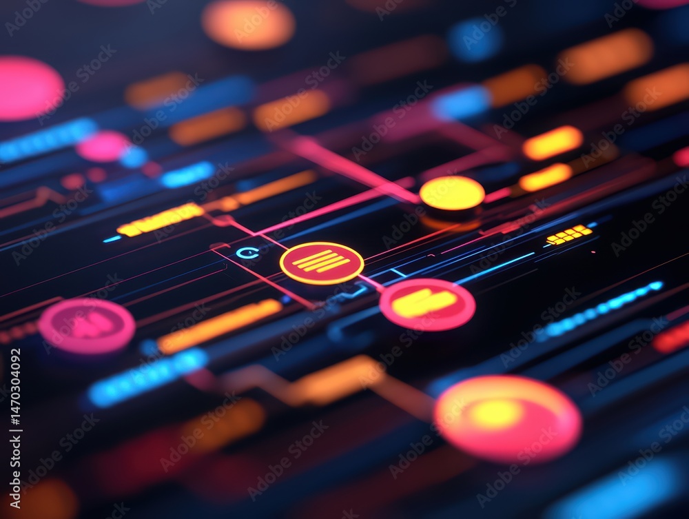 Aufkleber abstract futuristic digital design with colorful lines and geometric shapes on dark background