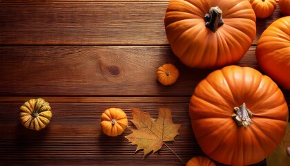 autumn pumpkins on a wooden background as decorations for thanksgiving day