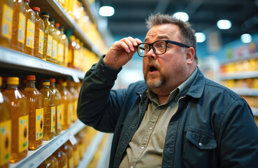 Shocked overweight man reacts to high price of sunflower oil at supermarket. Male customer astonished by product cost, food inflation, rising prices in grocery store. Cost of living crisis.